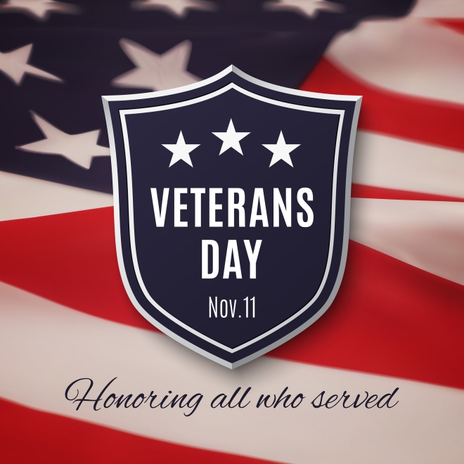 Veterans day background. Shield on American flag. Vector illustration.